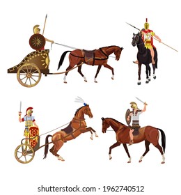 Roman soldiers on horseback and in chariots. Ancient Rome cavalry. Horses in warfare. Set of vector illustrations isolated on white background