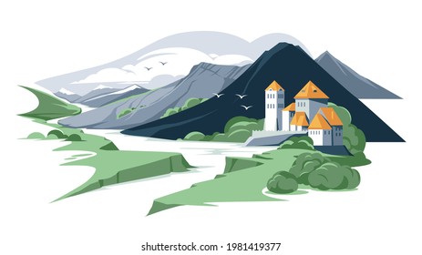 roman style mountain castle in summer landscape. Europe, france, German, Gerorgia flat colorful illustration