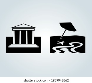 Roman temple next to paradisiacal beach  vector illustration.