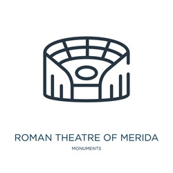 Roman Theatre Of Merida Thin Line Icon. Roman, Merida Linear Icons From Monuments Concept Isolated Outline Sign. Vector Illustration Symbol Element For Web Design And Apps.