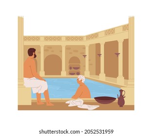 Terraza romana con columnas. Antiguos habitantes de Roma en baños termales públicos. Hombres descansando, bañándose y nadando en la piscina. Ilustración vectorial plana