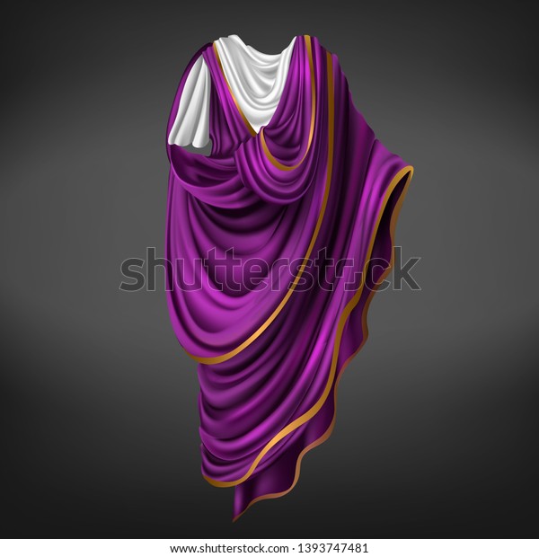 Roman toga. Ancient Rome commander or\
emperor dress male made of white, purple piece of fabric with\
golden border draped around body, folded gown, historical costume.\
Realistic 3d vector\
illustration
