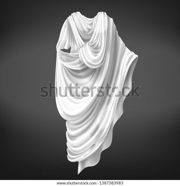 Roman toga isolated on black background.\
Ancient Rome male citizens outerwear made of white piece of fabric\
draped around body, folded gown, historical costume. Realistic 3d\
vector illustration.