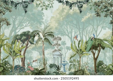 Roman tropical garden with temple, palace. bird, peacock, parrot illustration seamless pattern