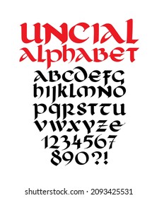 Roman uncial font. Vector. Letters and numbers in the Gothic style. Calligraphy for inscriptions. Font for tattoo, personal and commercial purposes. Font for packaging and clothing.