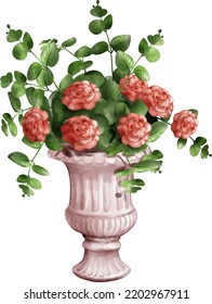 Roman vase with roses vintage watercolor hand drawn. Vector watercolor illustration. For design and scrapbooking.