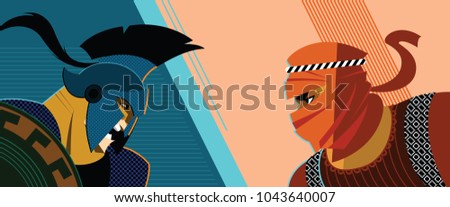 Roman warrior against the Persian warrior. Hoplite vs. Saracen. Vector illustration