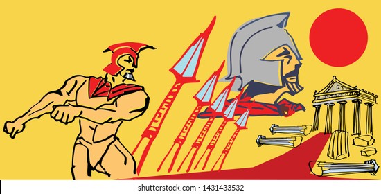 The Roman warrior in Battle posture was armed with spears and ruins.
Panthenon Temple in background yellow sunset