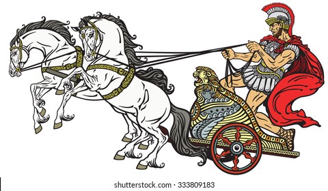 roman warrior in a chariot pulled by two horses. Two wheels war carriage driven by a charioteer. Isolated vector illustration