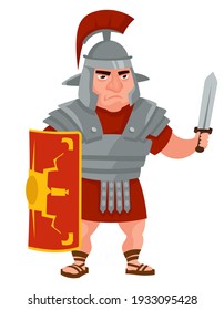 Guerrero romano sostiene espada y escudo. Personaje masculino al estilo de las caricaturas.
