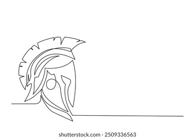 Roman warrior knight helmet mask continuous one line drawing. Spartan headgear single line art illustration. Editable vector.