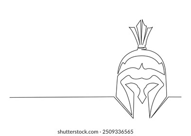 Roman warrior knight helmet mask continuous one line drawing. Spartan headgear single line art illustration. Editable vector.