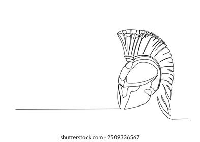 Roman warrior knight helmet mask continuous one line drawing. Spartan headgear single line art illustration. Editable vector.