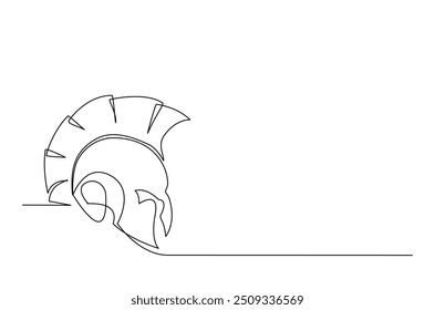 Roman warrior knight helmet mask continuous one line drawing. Spartan headgear single line art illustration. Editable vector.