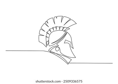 Roman warrior knight helmet mask continuous one line drawing. Spartan headgear single line art illustration. Editable vector.