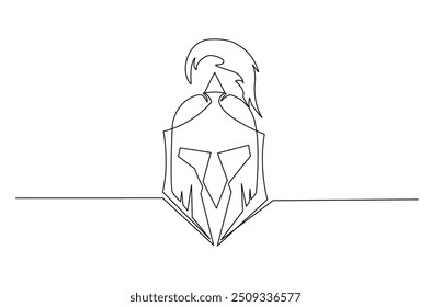 Roman warrior knight helmet mask continuous one line drawing. Spartan headgear single line art illustration. Editable vector.