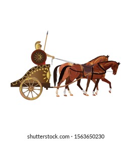 Roman Warrior On An Ancient War Chariot Drawn By Two Horses. Vector Illustration Isolated On White Background