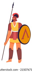 Roman warrior soldier, isolated legionnaire centurion ready for battle. Male character wearing helmet and holding shield, spear and costume for protection of vital body organs. Vector in flat style