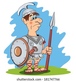 Roman warrior-legionnaire with a spear and shield in hands.