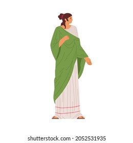 Mujer romana vestida de túnica. Mujer con ropa de moda antigua. Persona vestida de plebeya. Señora en traje antiguo. Ilustración vectorial plana aislada en fondo blanco