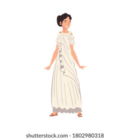 Roman Woman in Traditional Clothes, Ancient Rome Citizen Character in White Tunic And Sandals Vector Illustration