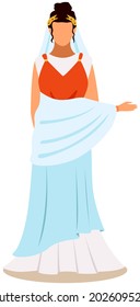 Roman woman in traditional clothes, citizen of ancient rome vector Illustration on white background. Young antique female as roman empress wearing in long dress with gold laurel wreath on her head