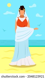 Roman woman in traditional clothes, citizen of ancient rome vector Illustration. Young antique female as roman empress wearing in long dress with gold laurel wreath on her head