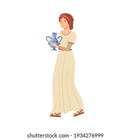 Roman Woman Wearing Long Tunic and Sandals Carrying Greek Ceramic Amphora Vector Illustration