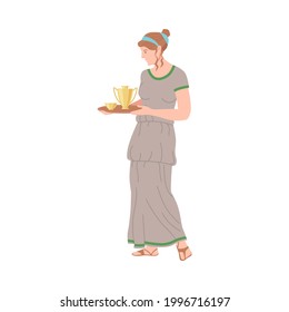 Roman Woman Wearing Long Tunic and Sandals Carrying Greek Ceramic Amphora Vector Illustration