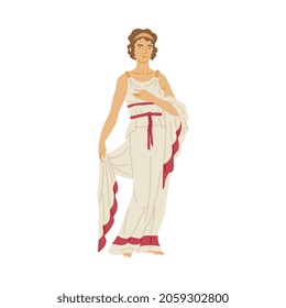 Roman woman in white toga - female cartoon character from Ancient Rome standing in antique clothes. Isolated vector illustration of girl in Greek goddess costume.