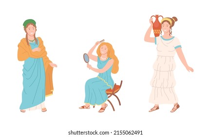 Roman women in traditional clothing set. Ancient Rome citizen characters cartoon vector illustration