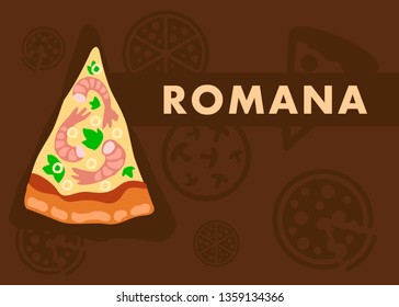 Romana Pizza Web Banner Flat Cartoon Template. Chopped Shrimps with Basil. Gourmet Italian Food. Pizzeria, Restaurant Sales for Customers Advertisement. Pizza Slice with Seafood Illustration