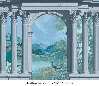 Romana vintage garden illustrations for wallpaper. Romana architecture with garden illustrations.