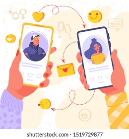 Romance app, virtual relationship , communication, social media concept. Two smartphones with dating application that help people find love. Hands holding mobile with man and woman profile. 