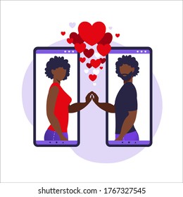 Aplicación Romance, relación virtual, comunicación, concepto de medios sociales. Dos smartphones con aplicación de citas que ayudan a la gente a encontrar amor. Los africanos. Ilustración vectorial en plano.