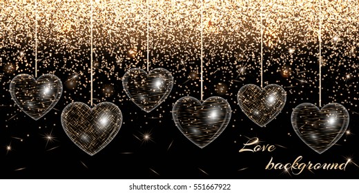 Romance background with holiday lights. Twinkle little star on a dark backdrop. Valentines day hearts
