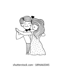 Romance banner couple dance. Love wedding heart. Vector black and white line cartoon greeting card.