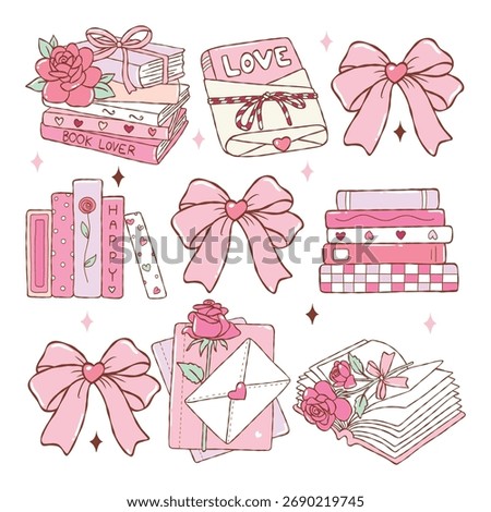 Romance Bookish Vector, illustrations of Valentine Book Club, Romantic Books, Roses and Cozy Love Aesthetic, Coquette Books Decoration Vector
