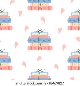 Patrón sin fisuras de libros románticos, fondo de libros de San Valentín, amante del libro, día de San Valentín, Ilustración vectorial de la librería del amor.