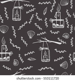 romance, candles and shells on a black background.  vector floral seamless pattern