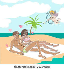 Romance card with lovers on the beach, hand drawn illustration of two human characters and Cupid at the seaside on an island, Valentine's Day card