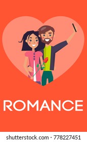 Romance concept, couple in love making selfie on smartphone, pair of boy and girl lovers, woman holding flower gift in hand vector Valentines Day