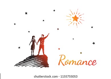 Romance concept sketch. The guy shows his girl the brightest star in the night sky. Vector hand drawn illustration.