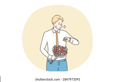 Romance, dating, delay concept. Unhappy man boyfriend with flower bouquet waiting and checking time. Anxiety on getting late girlfriend on date or fail romantic valentines day meeting illustration.