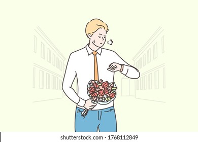 Romance, dating, delay concept. Young unhappy man boyfriend character with flower bouquet waiting on street and checking time. Anxiety on getting late girlfriend or fail romantic meeting illustration.