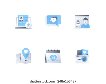 Romance and dating - flat design style icons set. High quality colorful images of dating site, correspondence, profile information, meeting place, February, Valentines day and camera photos