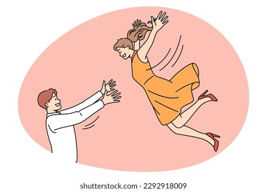 Romance dating and happiness concept. Smiling man boyfriend husband standing and catching falling down to his arms woman girlfriend wife vector illustration