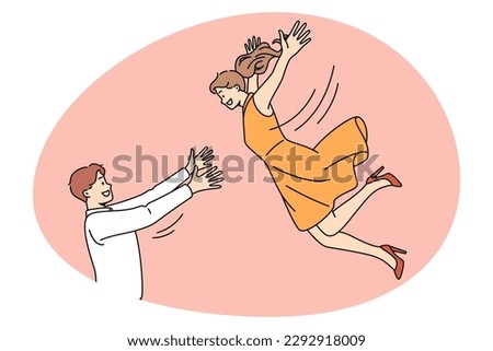 Romance dating and happiness concept. Smiling man boyfriend husband standing and catching falling down to his arms woman girlfriend wife vector illustration
