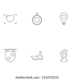 Romance, dating and love concept. Outline symbols of various things next to heart. Line icons of heart in frame, necklace, light bulb, signboard, flame and next to ship 