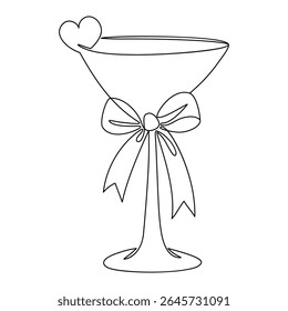 Romance Glass Cocktail with Ribbon Bow and Heart in One Continuous Line Drawing. Coquette Aesthetic Drink. Girly Vibe in Linear Style. Vector Illustration. Hand Drawn Monoline. Valentines Day. Not AI